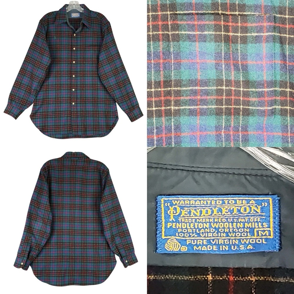 Pendleton Board Shirt Button Up Green Blue Tartan Plaid Mens Size Medium Wool LS